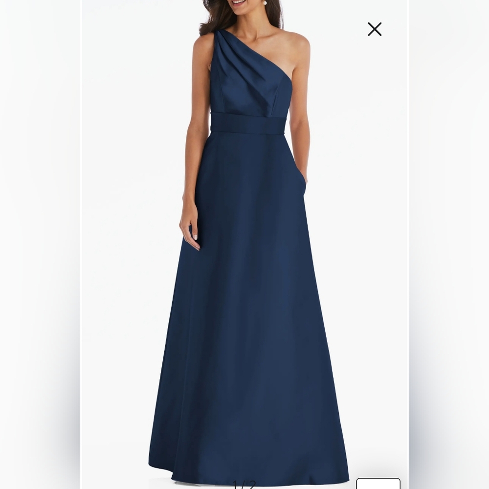 ALFRED SUNG Navy Blue One-Shoulder High Low Dress